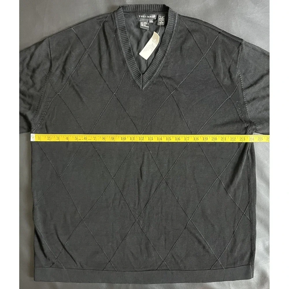 Vintage 90s Tulliano Men's XXL V-Neck Sweater Black Argyle Texture Old Money NWT